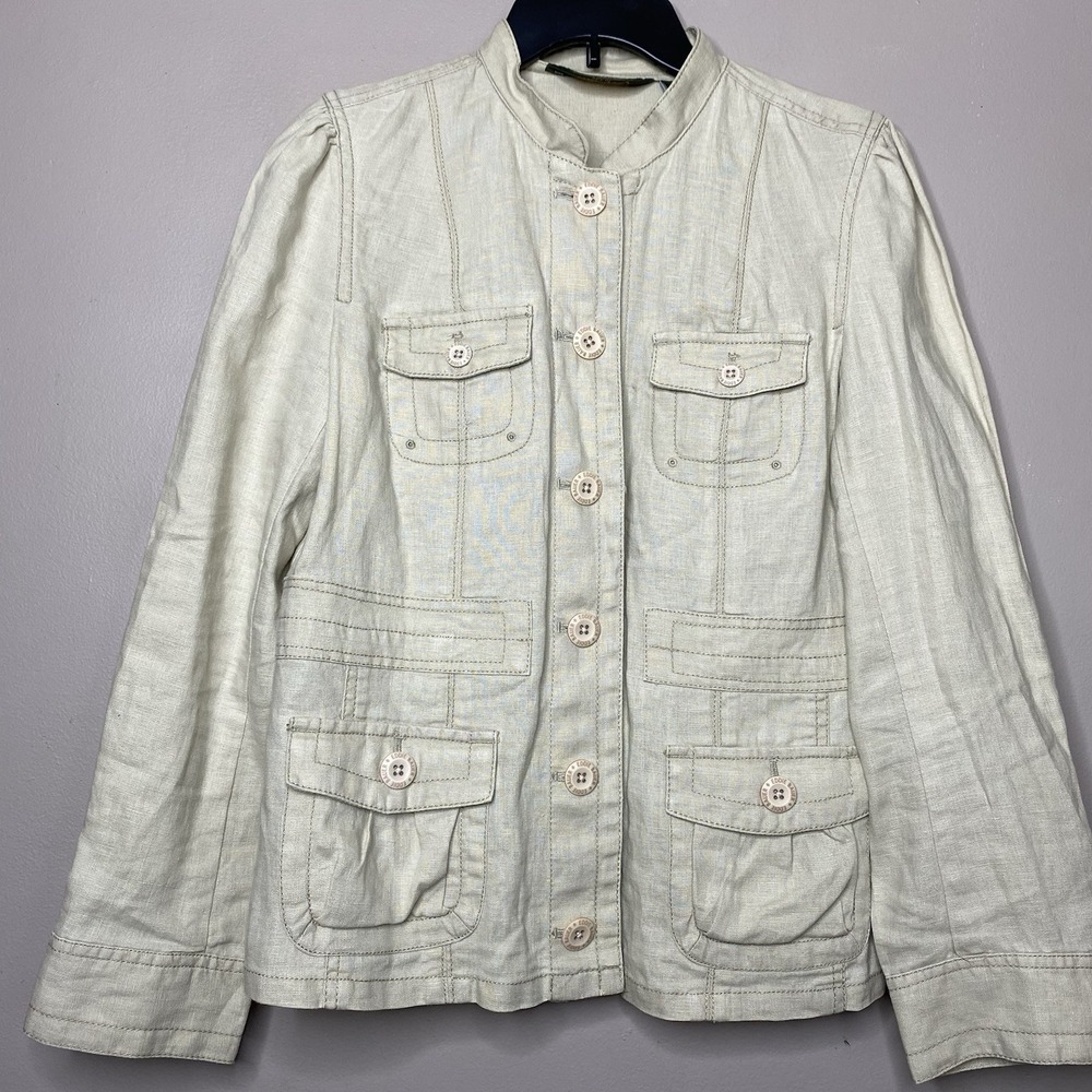 Eddie Bauer Women's 100% Linen‎ Military Jacket Beige Button Up Roll Tab Sleeve